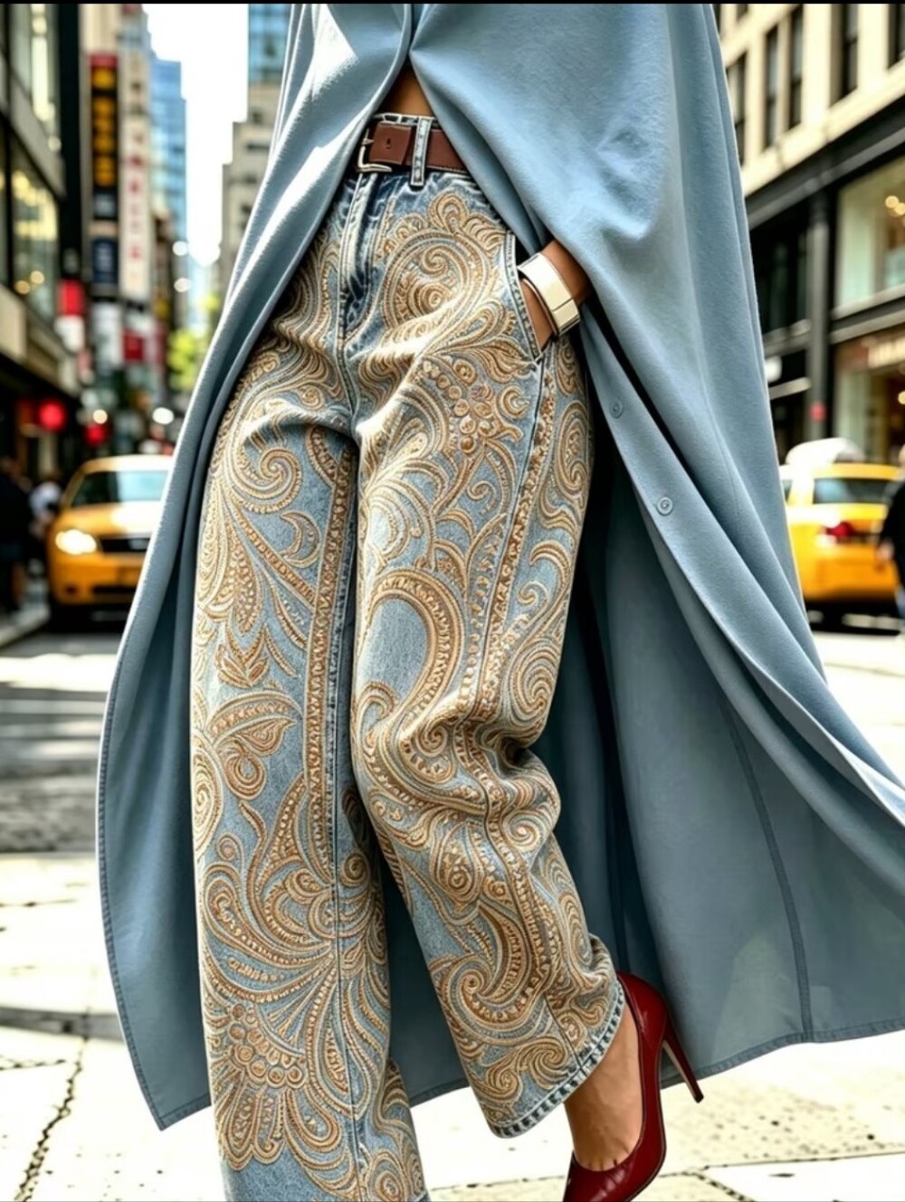 Adorable Paisley Print Wide-Leg Jeans - Light Blue & Gold